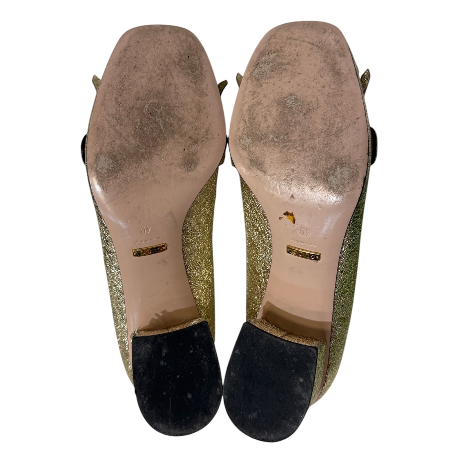 Gold Crackled Leather GG Marmont Fringe Block Heel Pumps 40