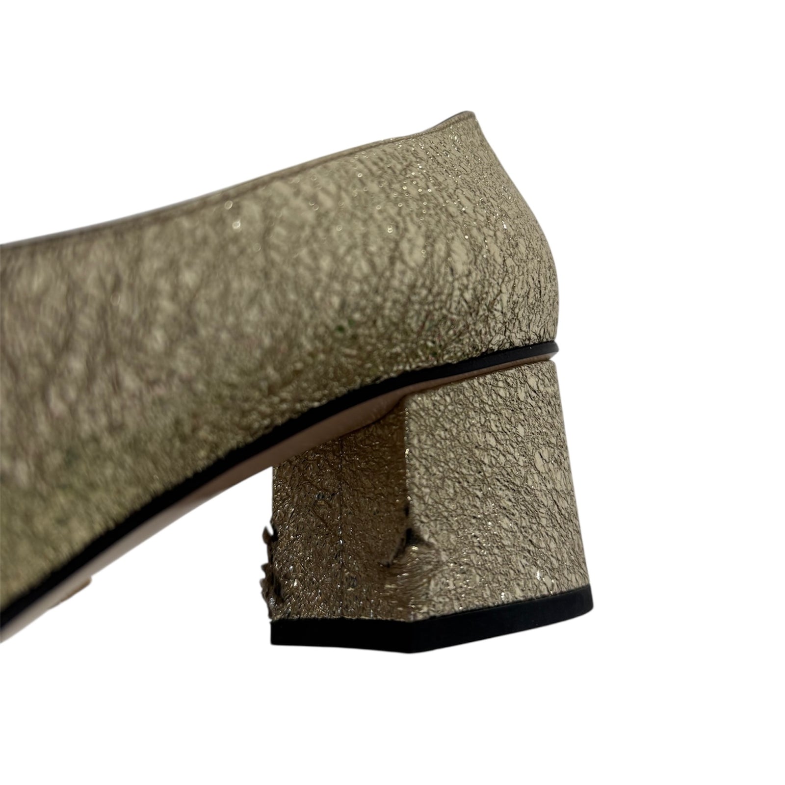 Gold Crackled Leather GG Marmont Fringe Block Heel Pumps 40
