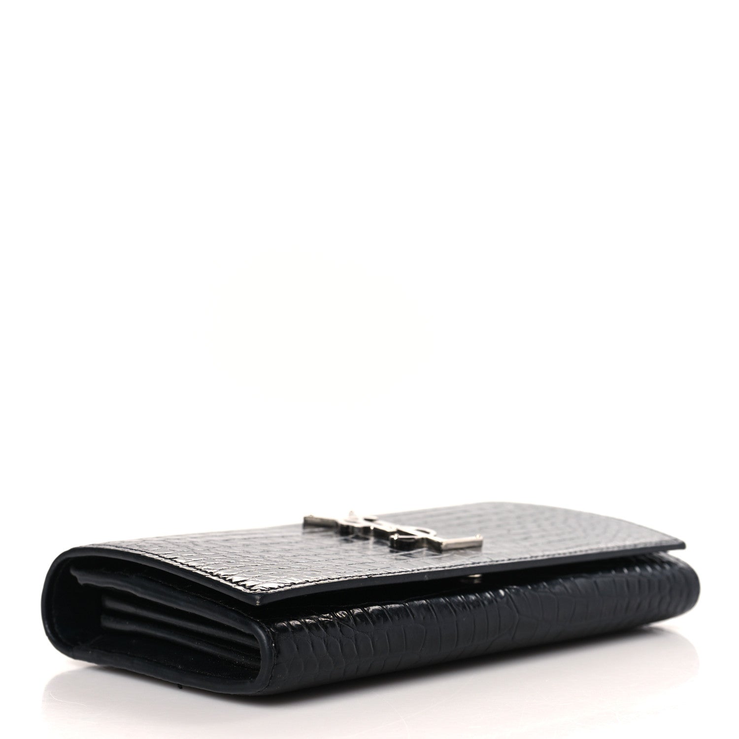 Calfskin Crocodile Embossed Monogram Flap Wallet Black