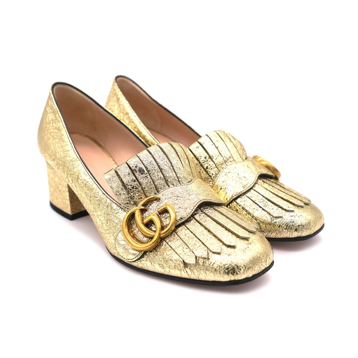 Gold Crackled Leather GG Marmont Fringe Block Heel Pumps 40