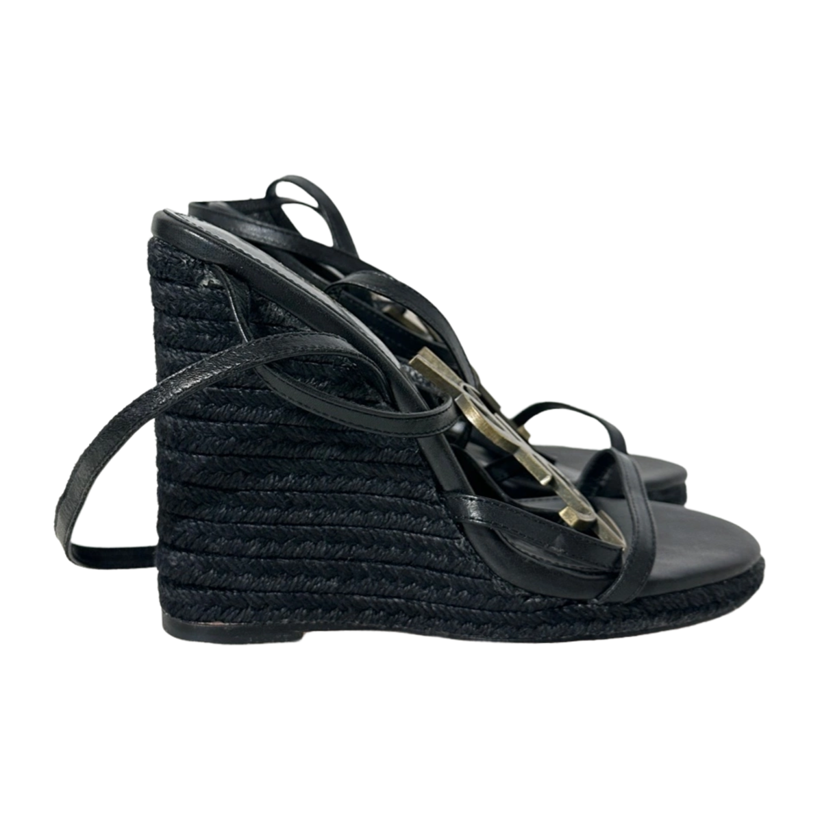 Cassandra Black Leather Braid Accent Espadrille Wedge 38