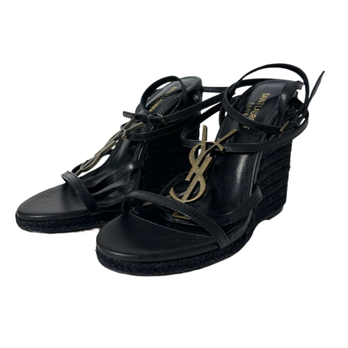 Cassandra Black Leather Braid Accent Espadrille Wedge 38