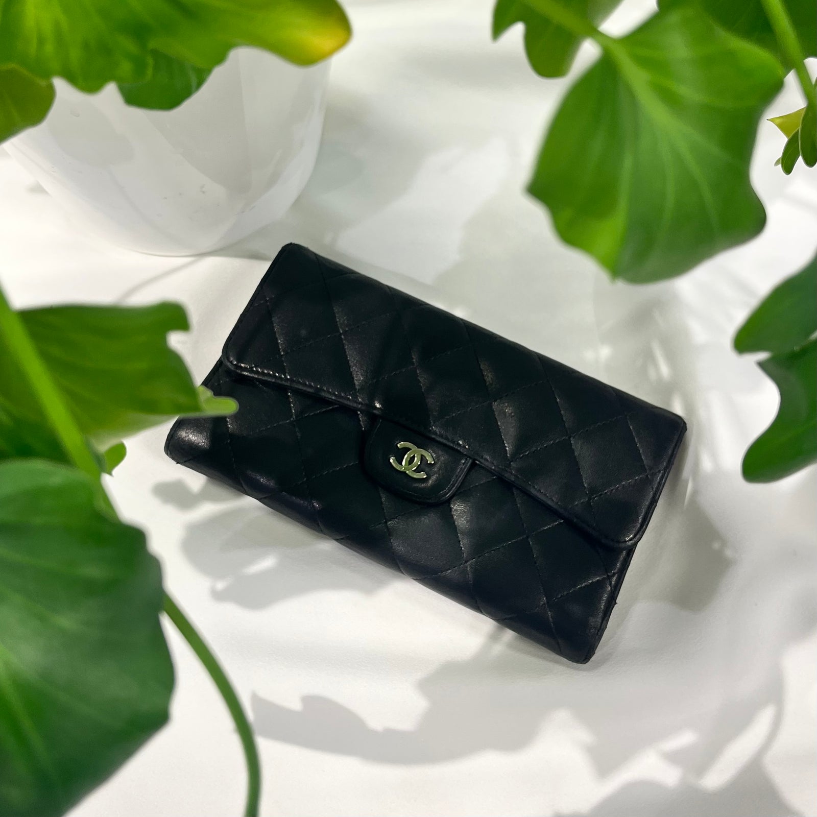Lambskin Quilted Large Flap Wallet Black Loom Magpie Boutique