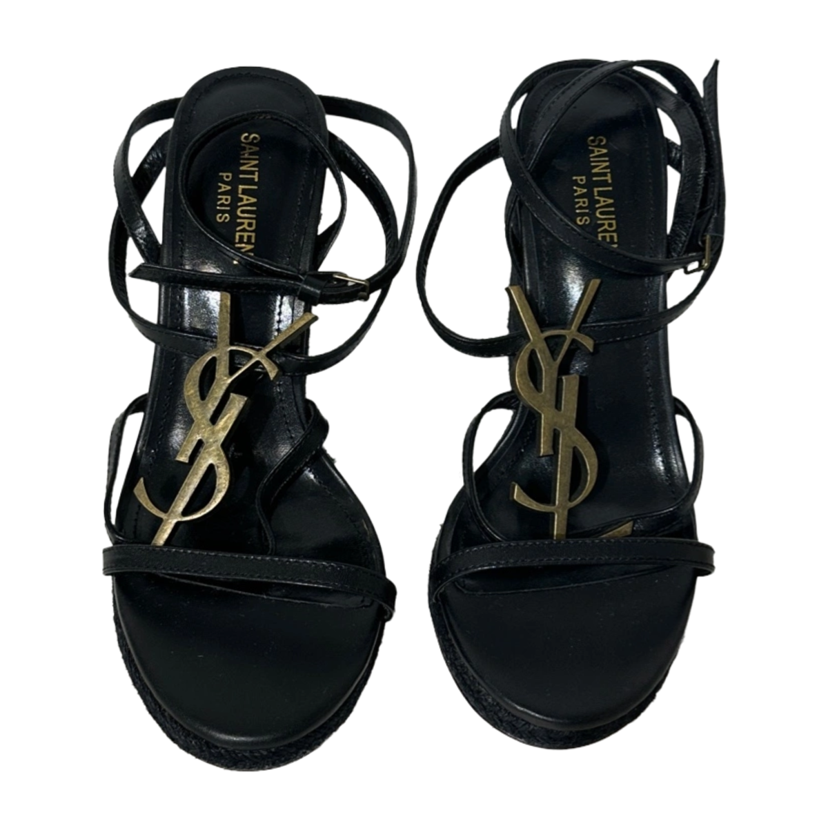 Cassandra Black Leather Braid Accent Espadrille Wedge 38
