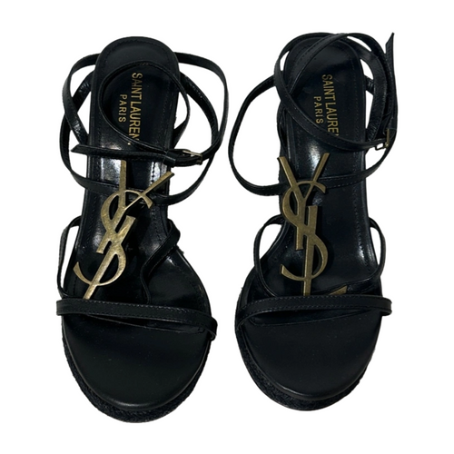 Cassandra Black Leather Braid Accent Espadrille Wedge 38