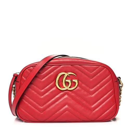 Calfskin Matelasse Small GG Marmont Chain Shoulder Bag in Hibiscus Red