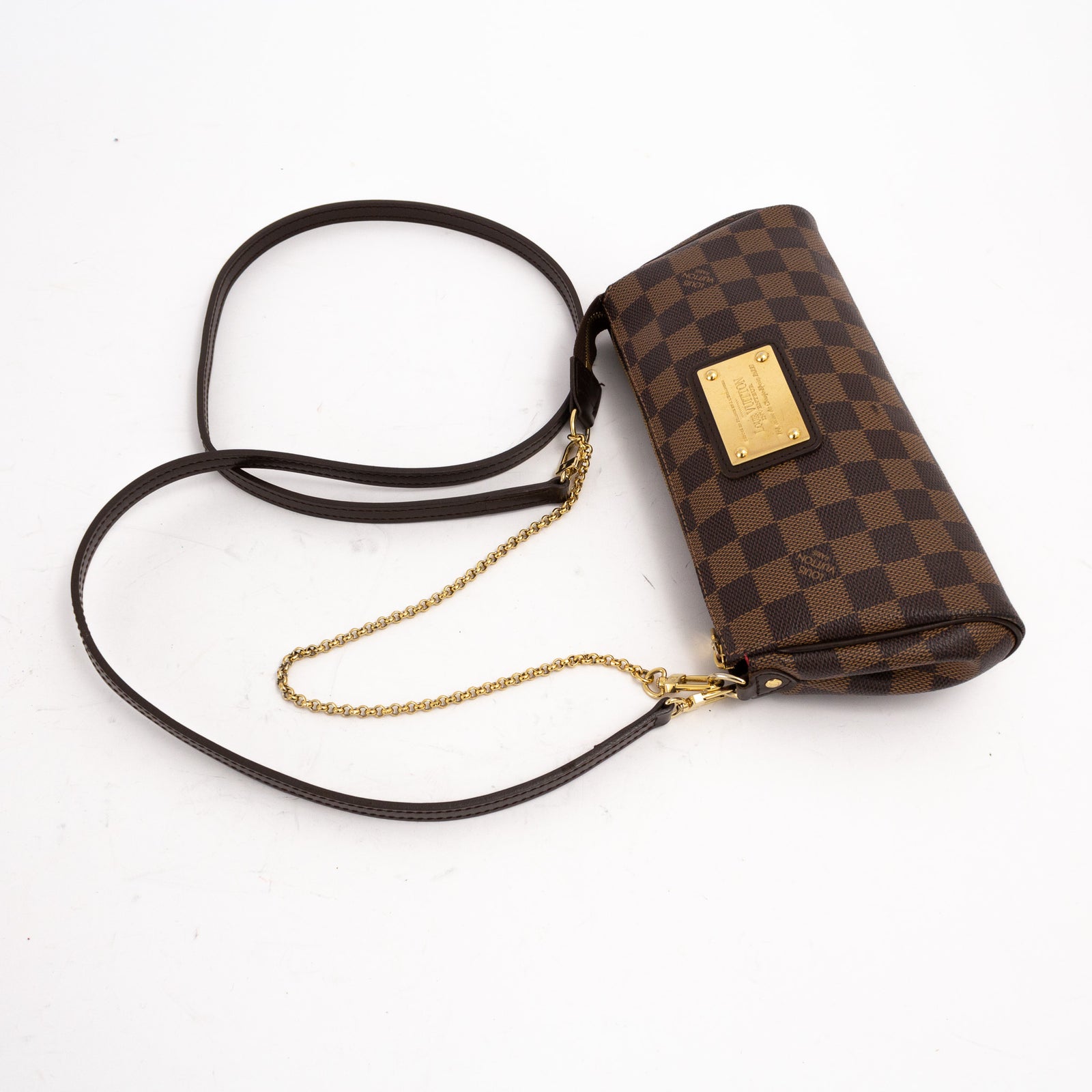 Authentic LOUIS VUITTON Damier Ebene Eva Clutch Gold Chain 