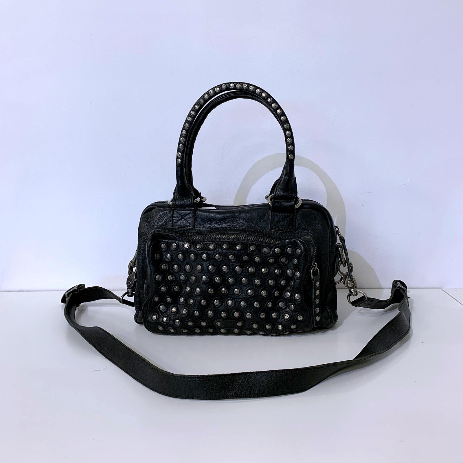 Black Studs Genuine Leather Satchel