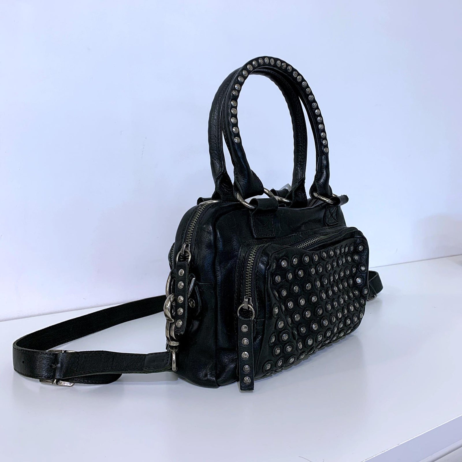 Black Studs Genuine Leather Satchel