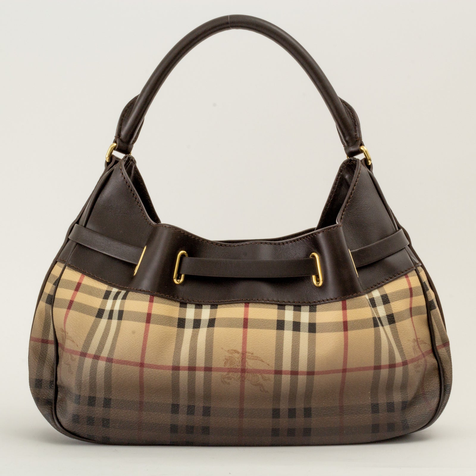 This chic hobo is crafted of classic Burberry Nova check canvas.