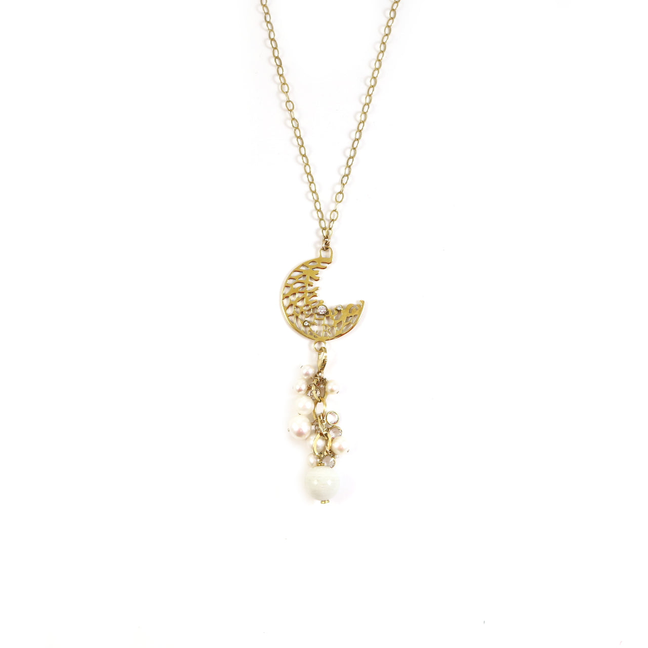 Gold Moon Lariat Necklace With Gold Pearl Pendant
