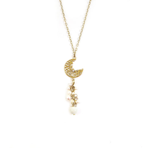 Gold Moon Lariat Necklace With Gold Pearl Pendant