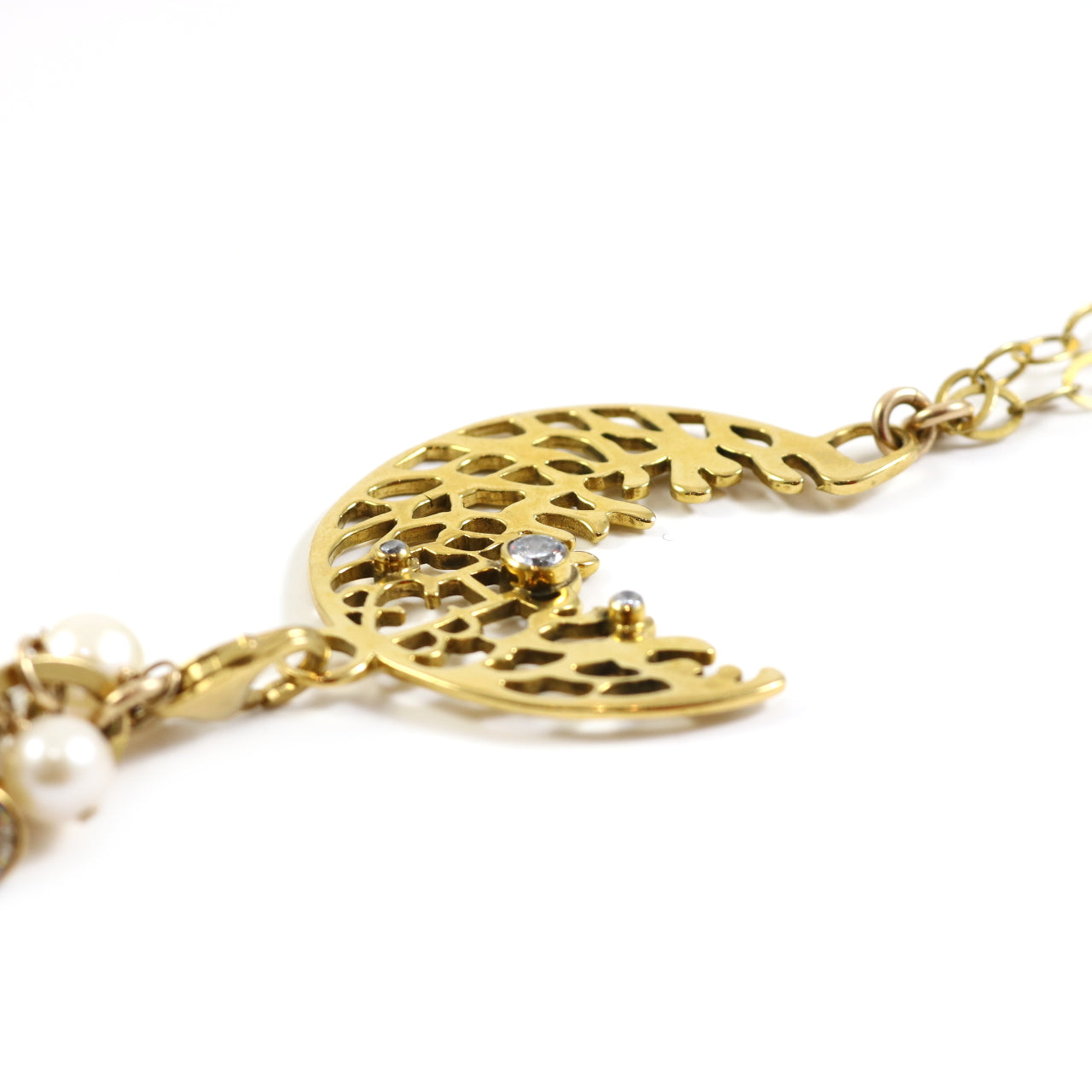 Gold Moon Lariat Necklace With Gold Pearl Pendant