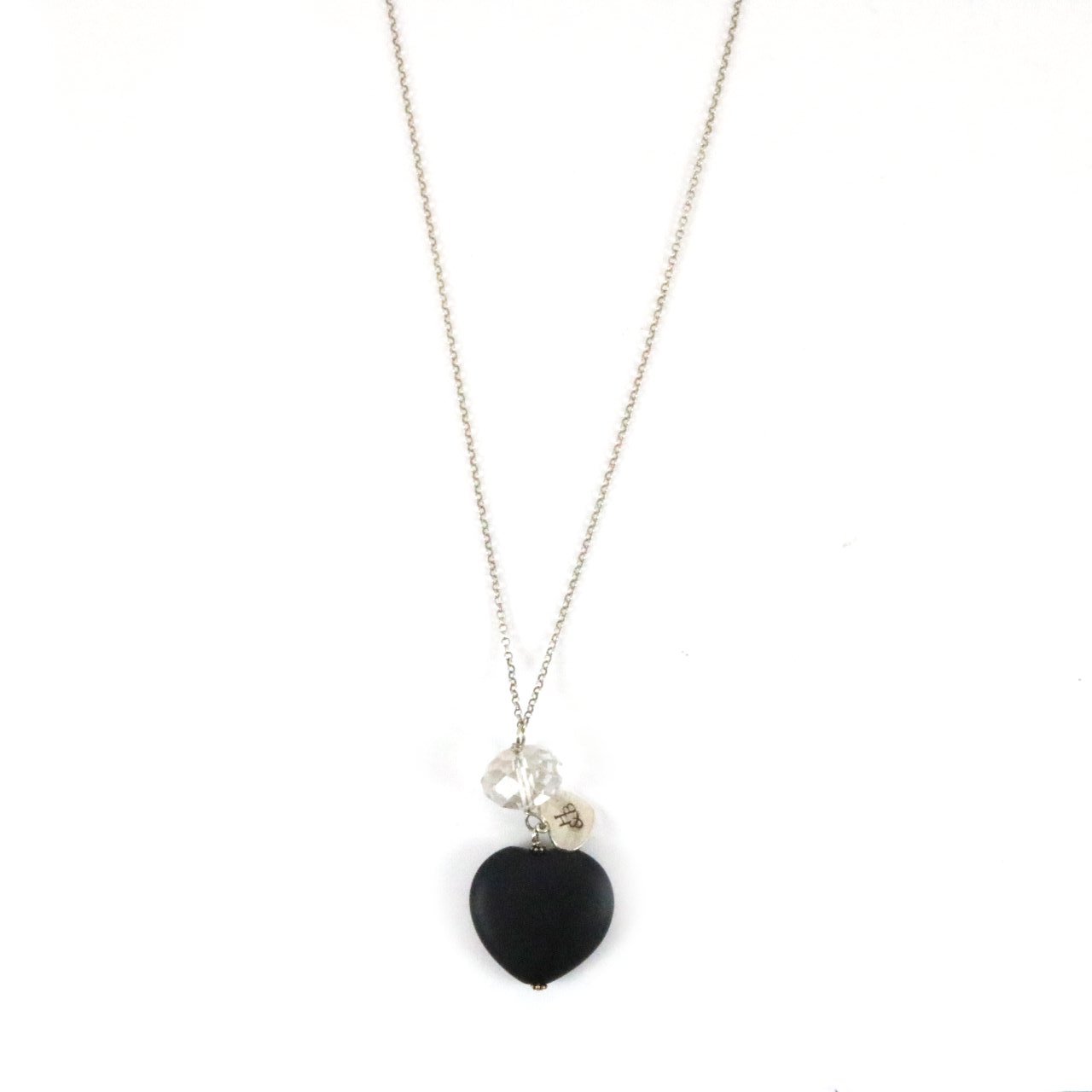 Wooden Black Heart with Crystal Silver Necklace