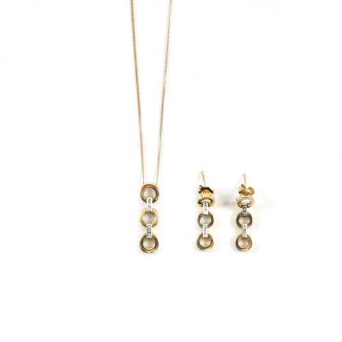 10k Gold Three Diamond Circles Earrings & Necklace Set