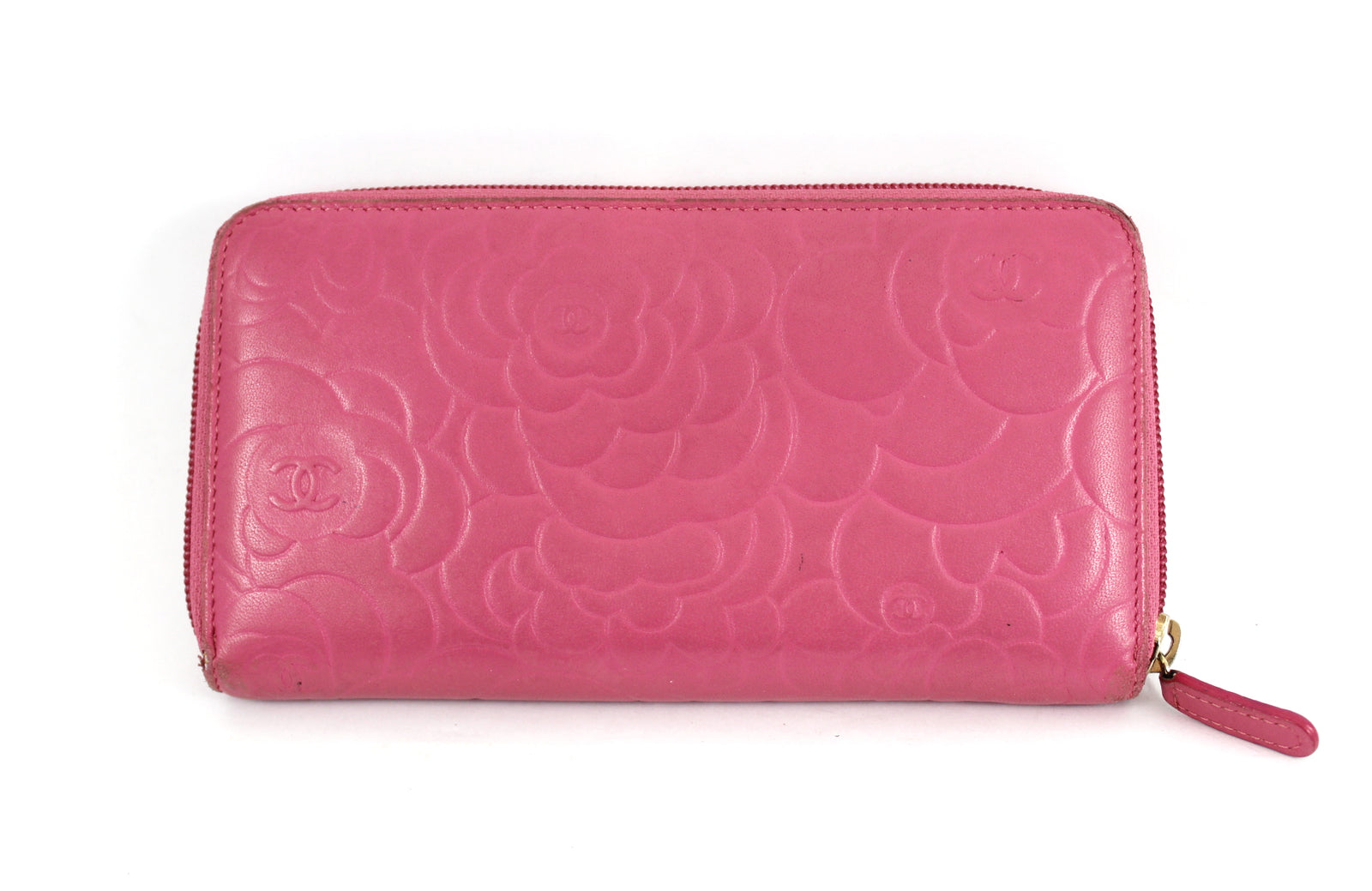 Lambskin Camellia Embossed Zip Around Large Gusset Wallet