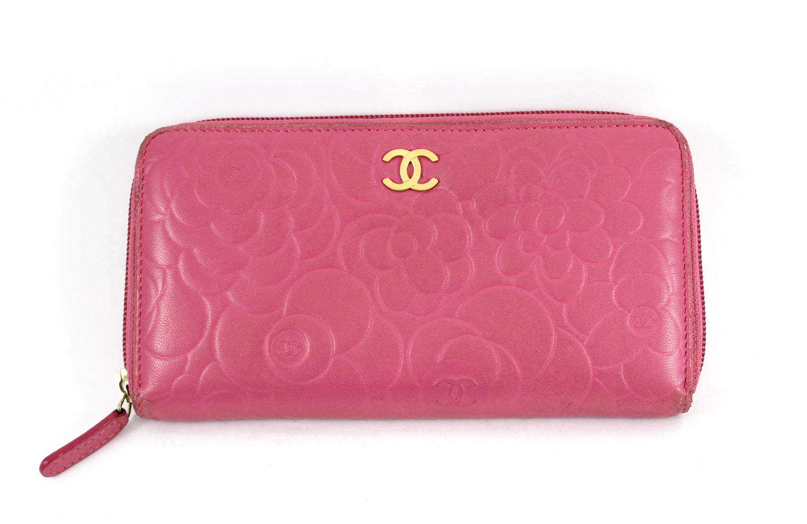 Lambskin Camellia Embossed Zip Around Large Gusset Wallet