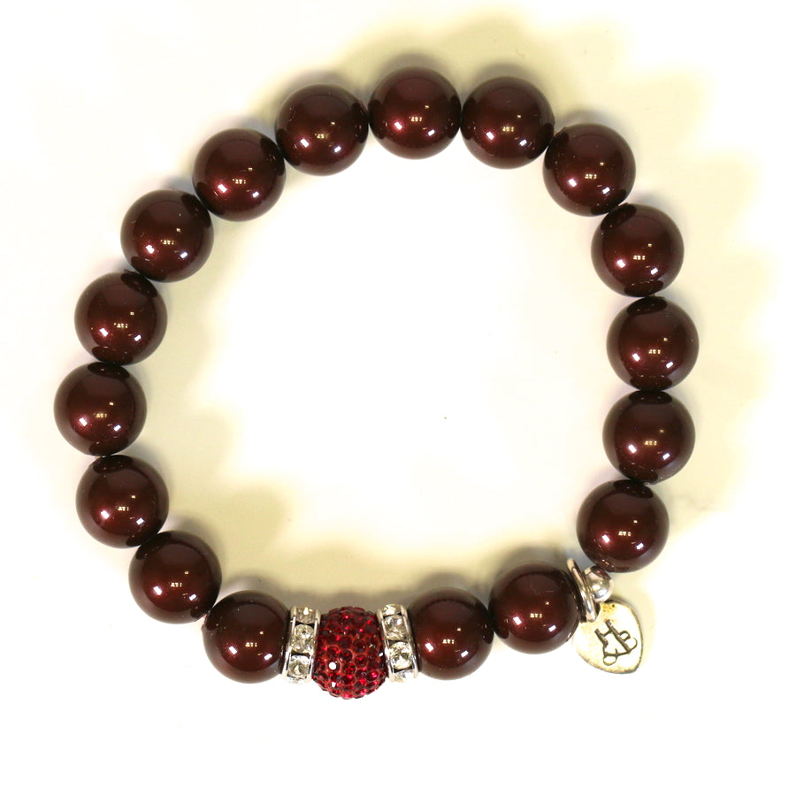 Maroon Bead Bracelet with Red Crystal Ball