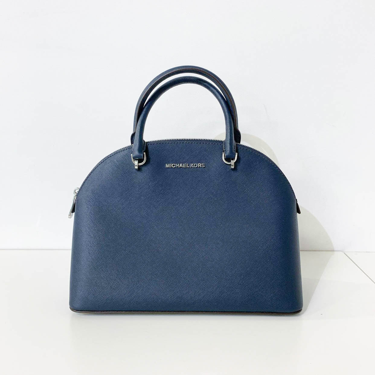 Navy Saffiano Leather Top Handle Bag