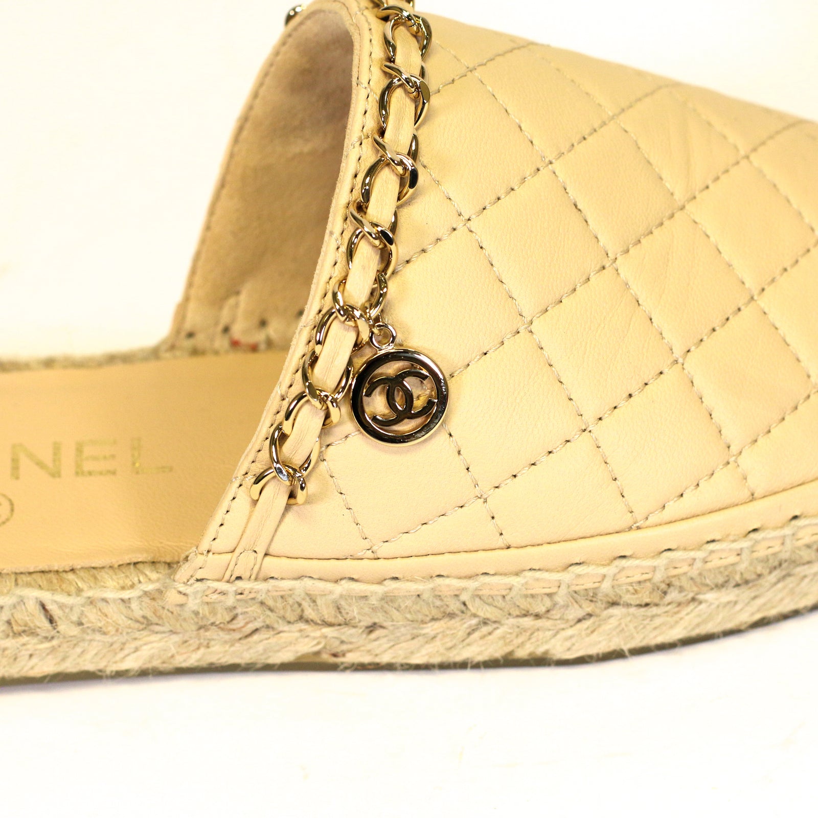 Lambskin Grosgrain Quilted CC Chain Espadrille Mules