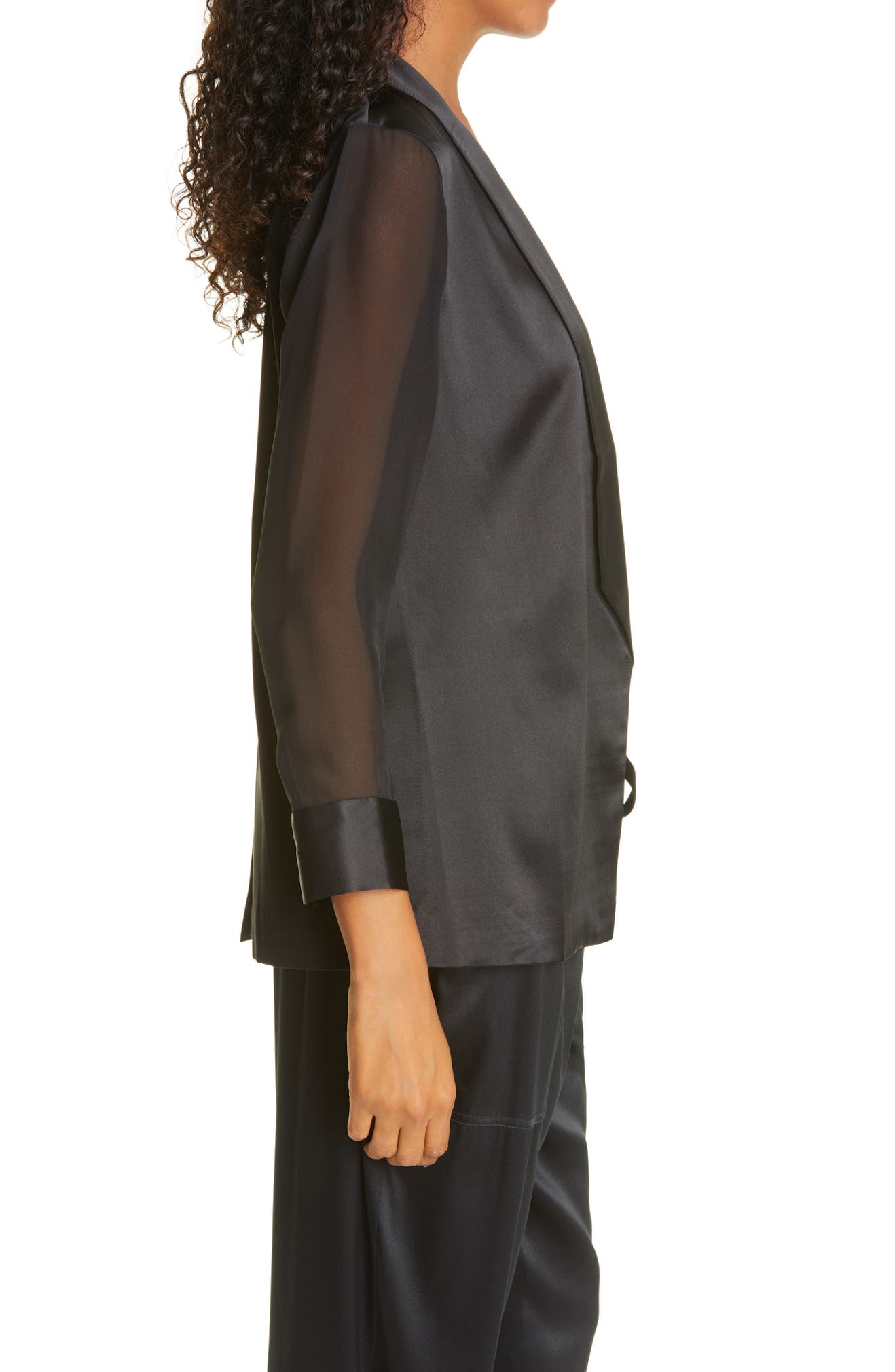 The Denise Sheer Sleeve Silk Satin Blazer