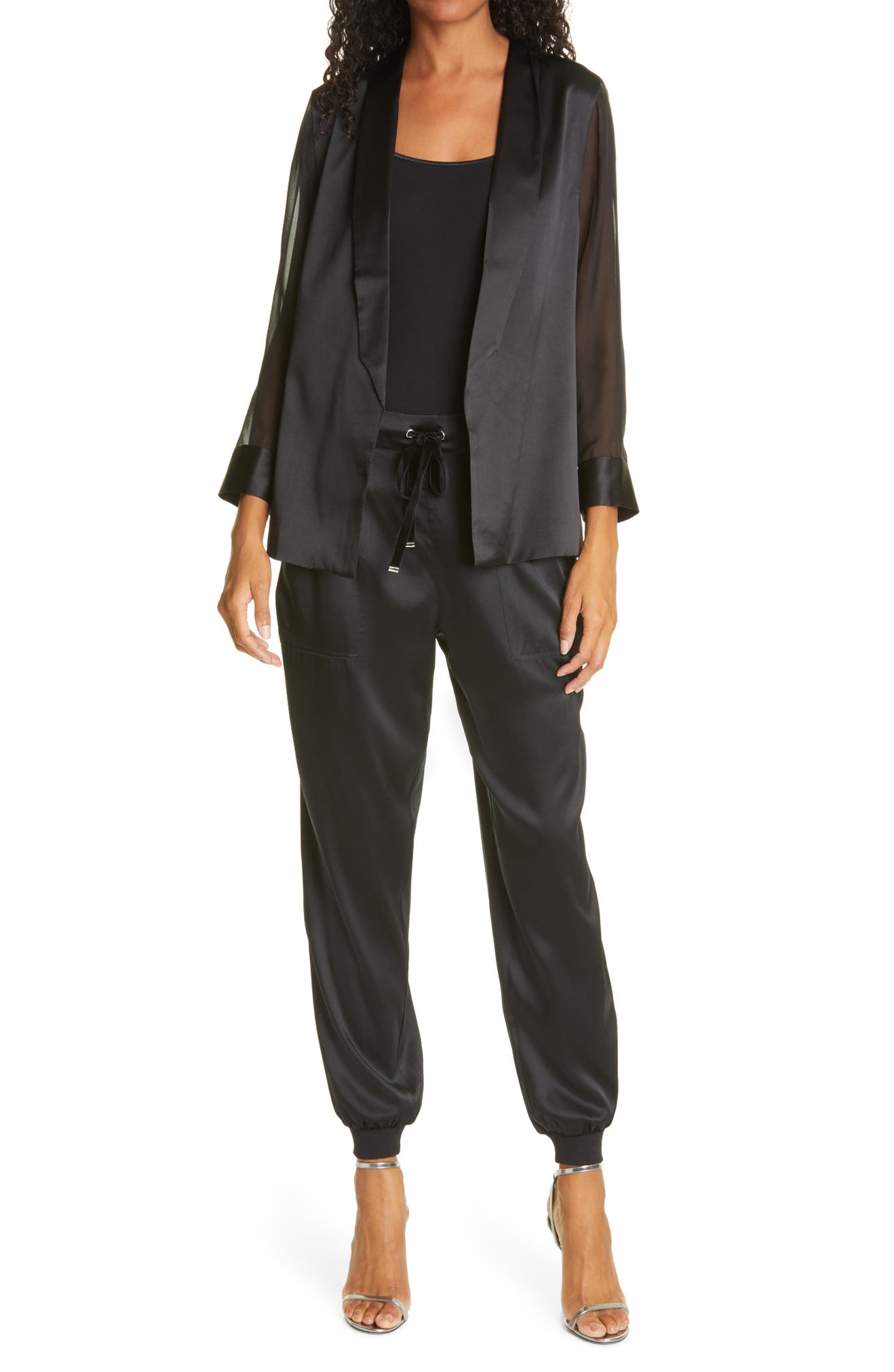 The Denise Sheer Sleeve Silk Satin Blazer