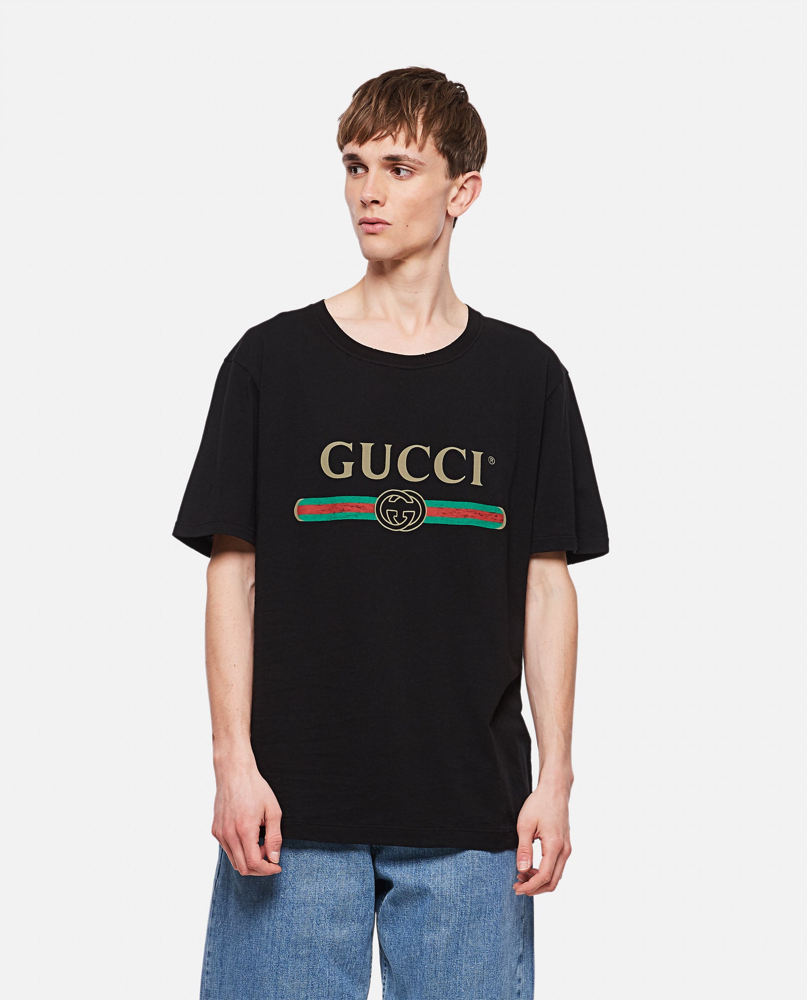 Black Washed Cotton Jersey Oversize T-Shirt With Gucci Logo