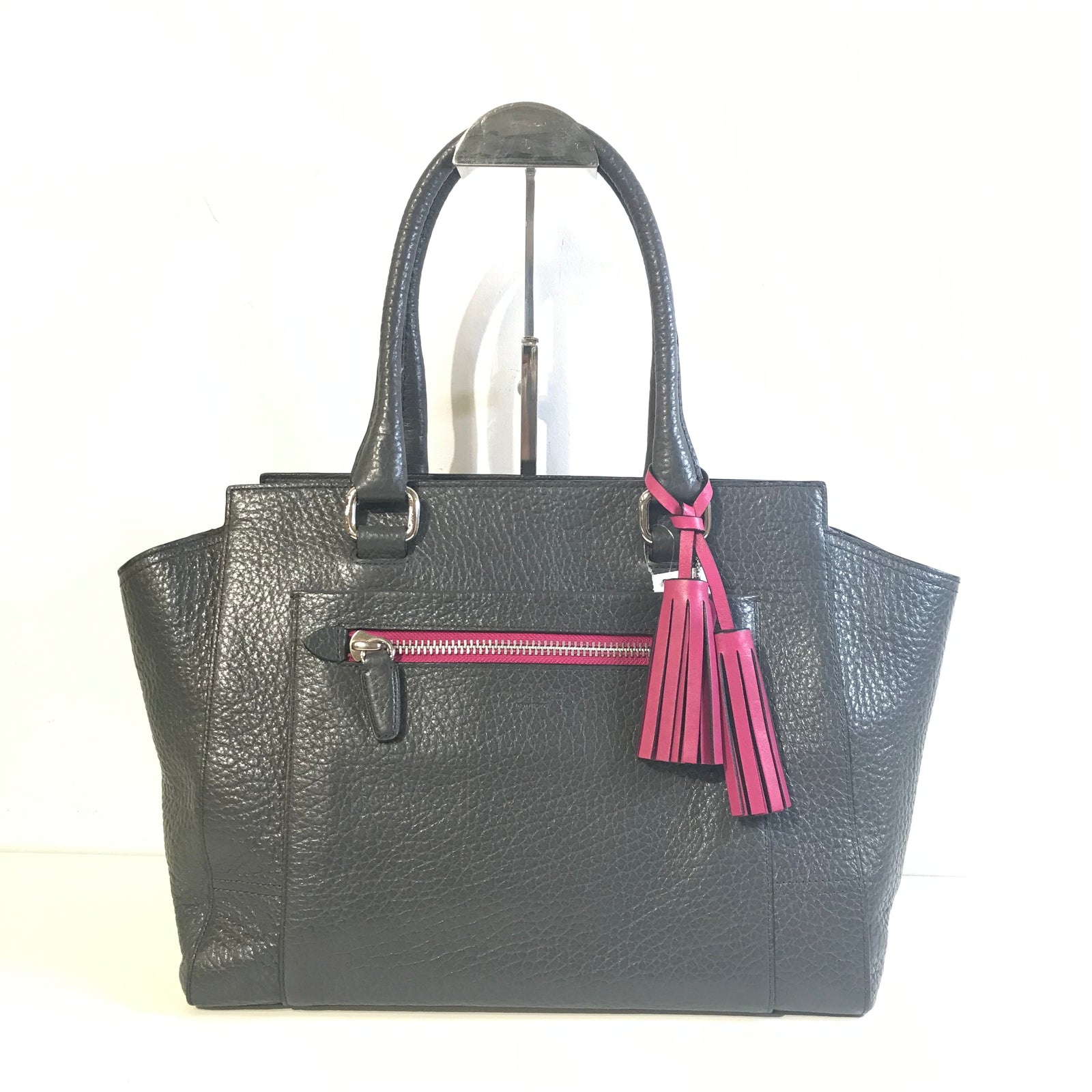 Grey Top Handle Bag with Pink Tassels