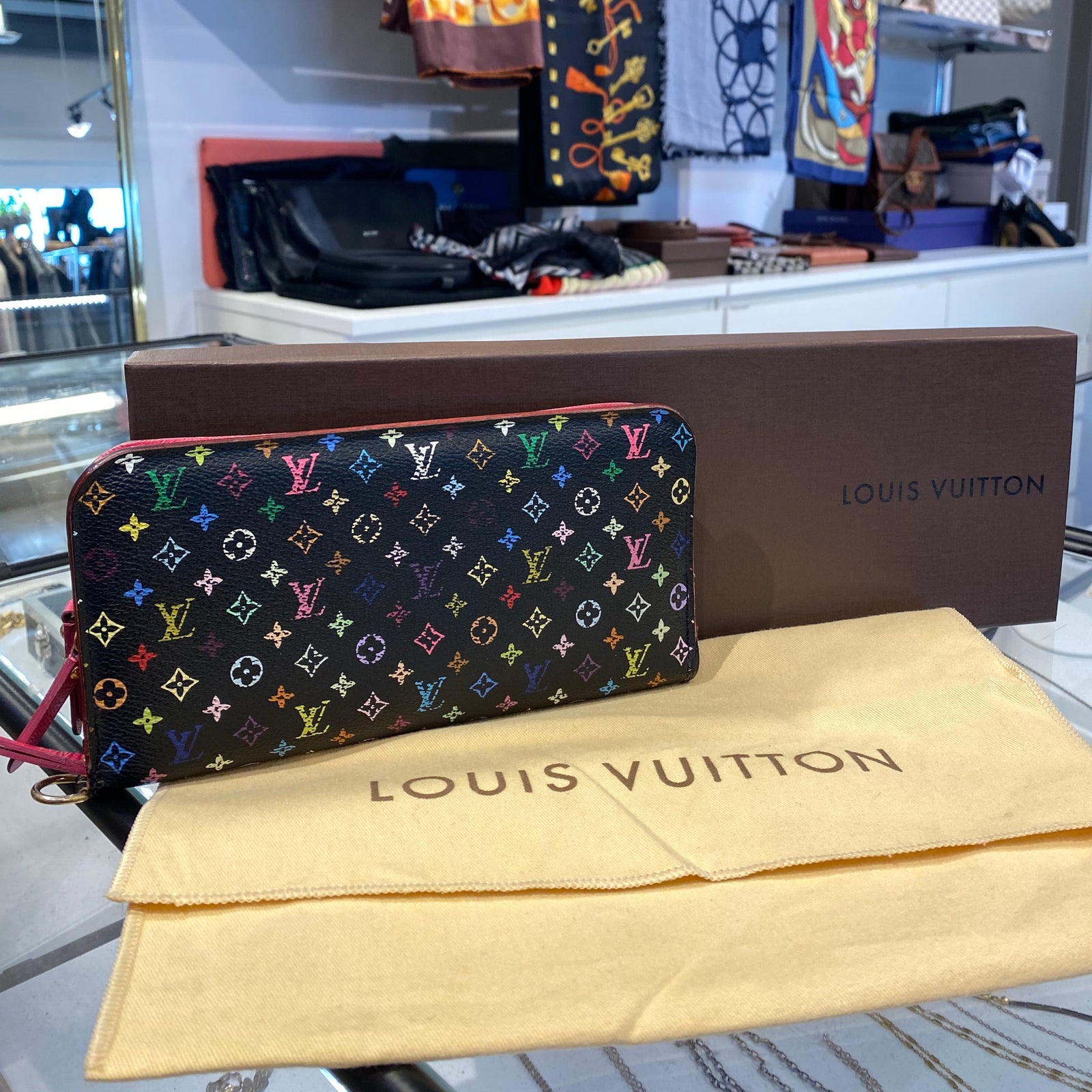 Louis Vuitton Monogram Multicolor Zippy Wallet Black Grenade Pink