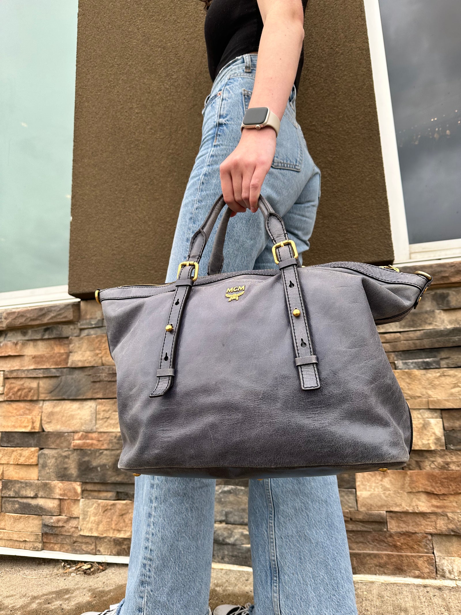 Aged Leather Tote Blue