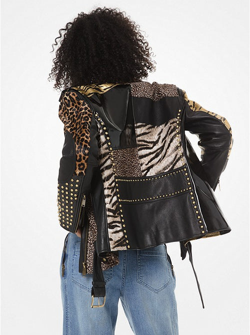 Patchwork Animal-Print Faux-Leather Moto Jacket