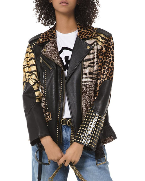 Patchwork Animal-Print Faux-Leather Moto Jacket