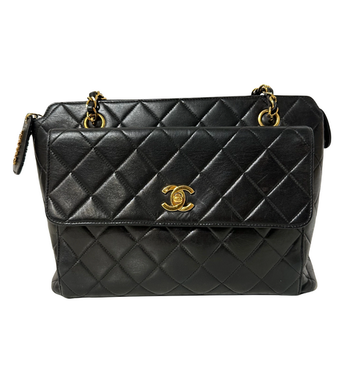 Lambskin Quilted Flap Tote Black