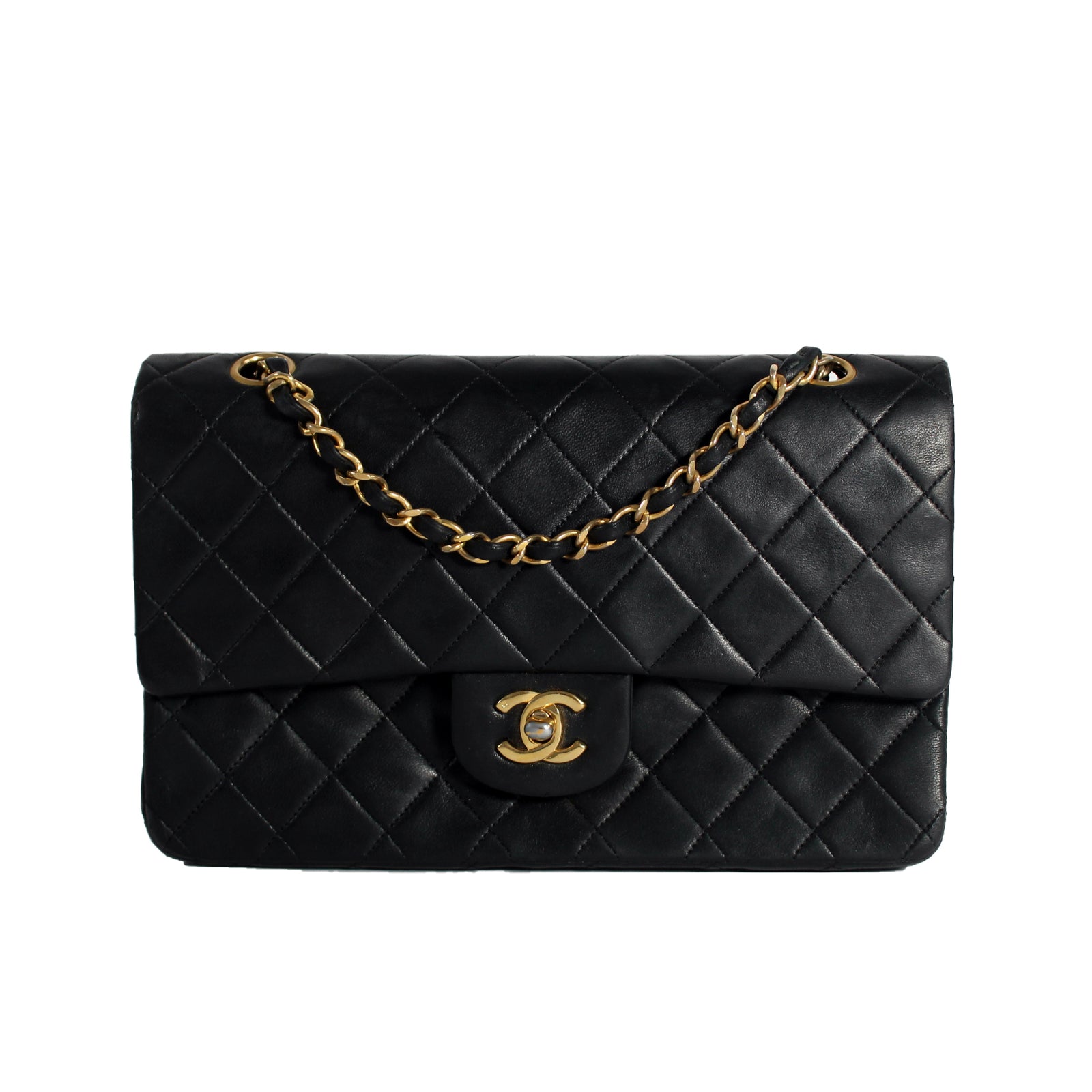 CHANEL Quilted Lambskin Leather Double Flap Classic Medium Black Bag